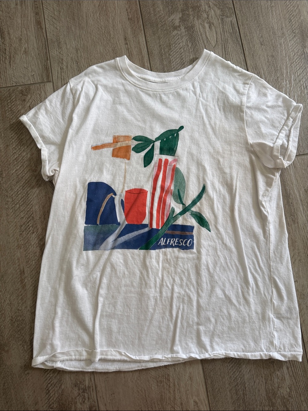 White Art Print Home Tee with Multicolor Abstract Design
